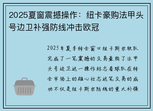 2025夏窗震撼操作：纽卡豪购法甲头号边卫补强防线冲击欧冠