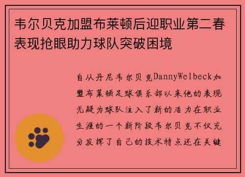 韦尔贝克加盟布莱顿后迎职业第二春表现抢眼助力球队突破困境 韦尔贝克加盟布莱顿后迎职业第二春表现抢眼助力球队突破困境